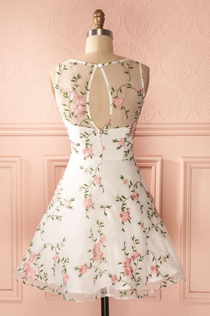 A Line Round Neck Floral Lace White Short Prom Dresses, Lace Appliques White Homecoming Dresses, White Formal Dresses, Evening Dresses