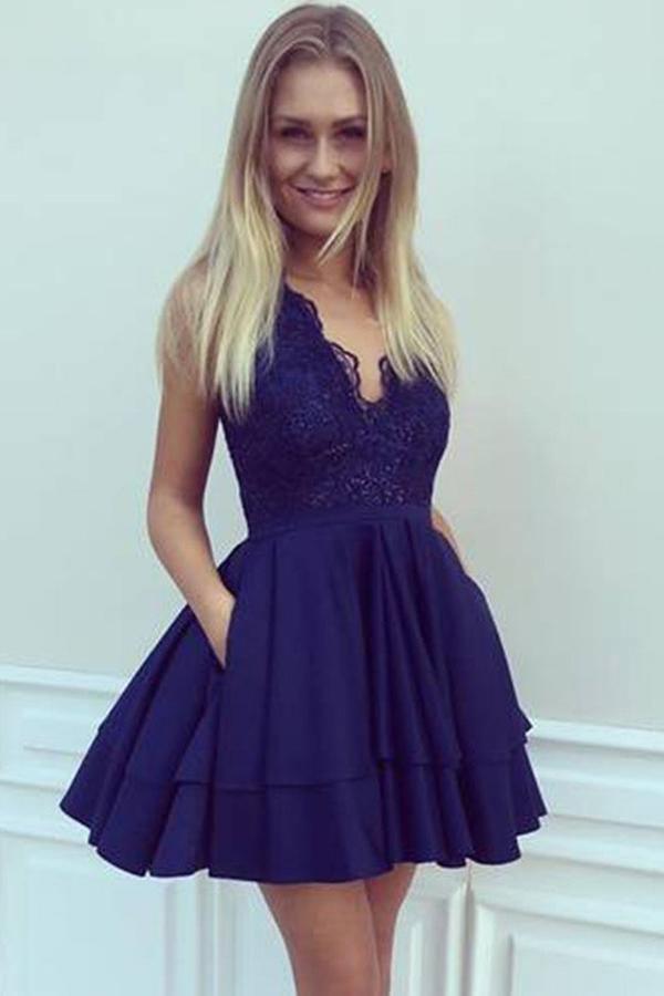 A-Line  V-Neck Short Navy Blue Homecoming Dress with Appliques HD0001