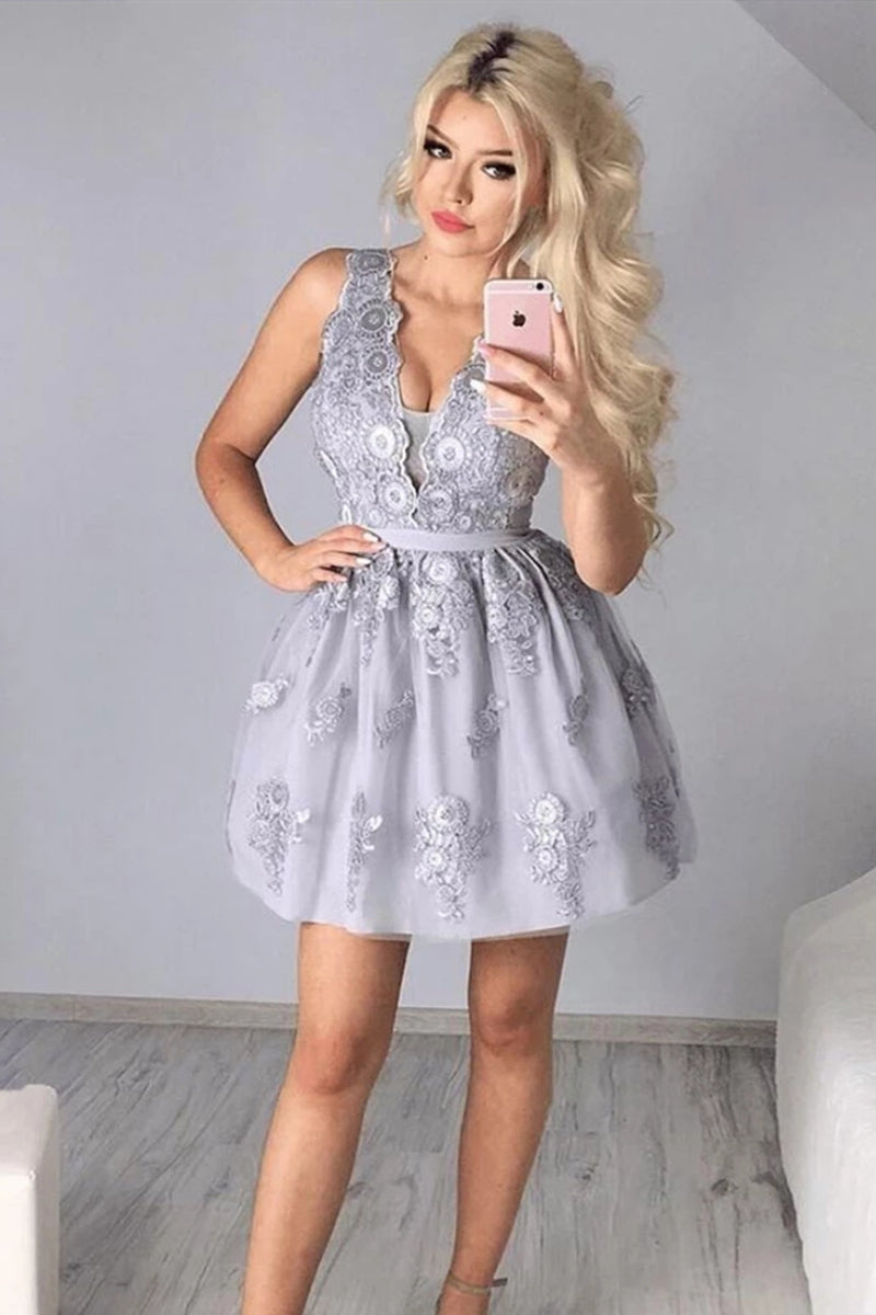 A Line V Neck Silver Gray Lace Appliques Short Prom Dress Homecoming Dress, Silver Gray Lace Formal Graduation Evening Dress