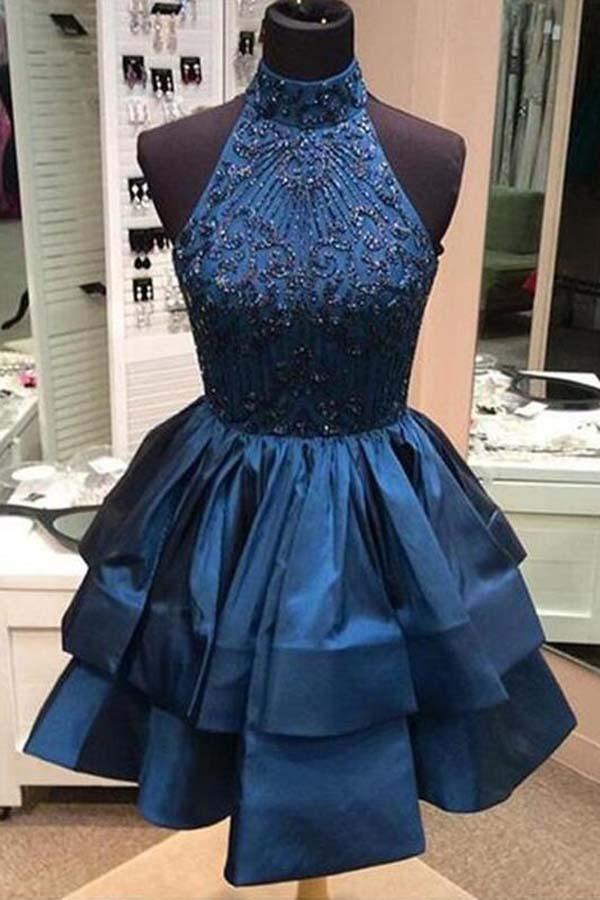 A-line Beaded Halter Neckline Satin Homecoming Dress Short Prom Dress PG166