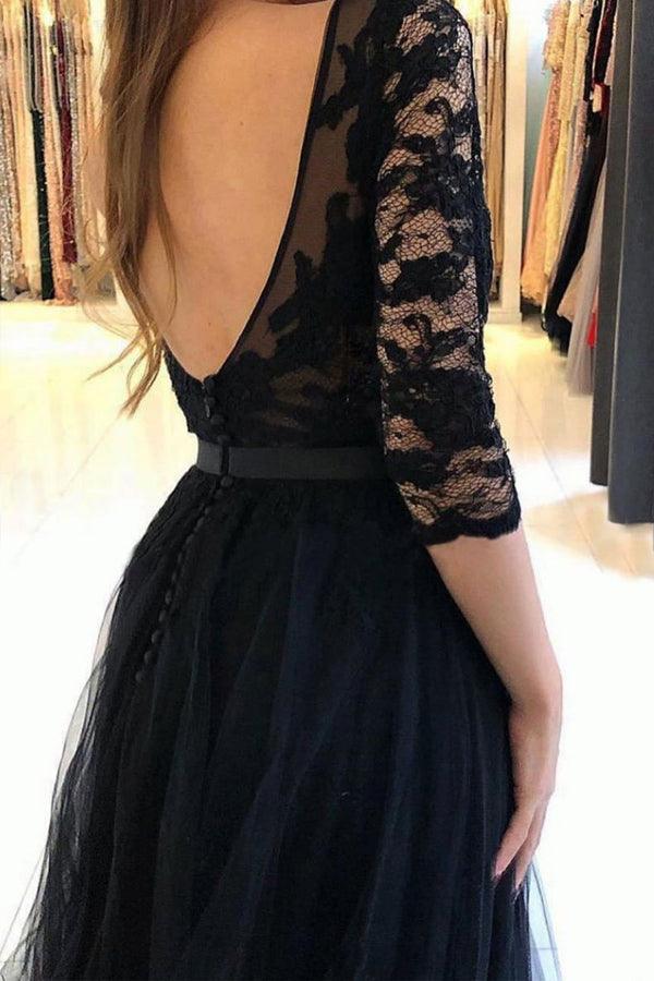A-line Black Tulle Round Neck Lace Prom Dress Split Evening Dress TP1045