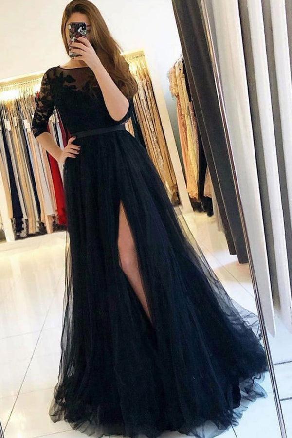 A-line Black Tulle Round Neck Lace Prom Dress Split Evening Dress TP1045