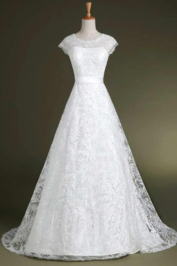 A-line Cap Sleeves Sweep Train Lace Wedding Dress With Sash TN0086