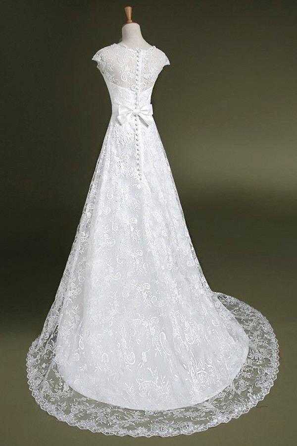 A-line Cap Sleeves Sweep Train Lace Wedding Dress With Sash TN0086