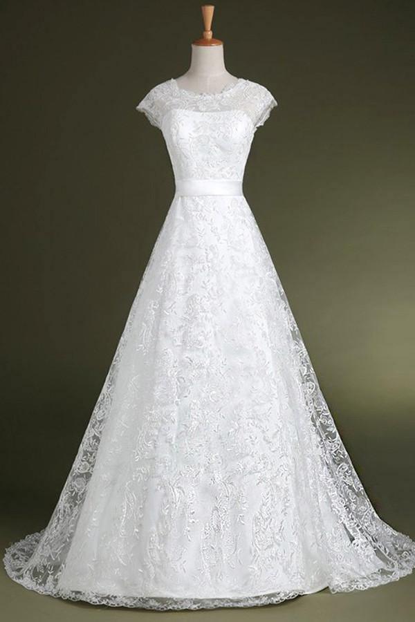 A-line Cap Sleeves Sweep Train Lace Wedding Dress With Sash TN0086
