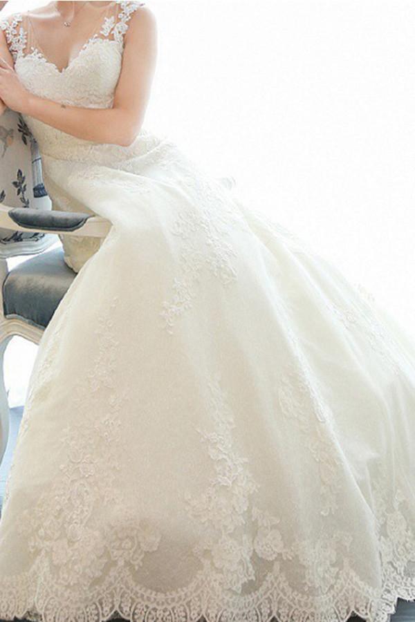 A-line Deep V-Neck Lace Wedding Dress With Appliques TN0101