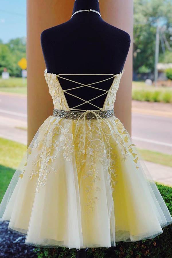 A-line Elegant Tulle Yellow High Neck Homecoming Dresses  HD0058