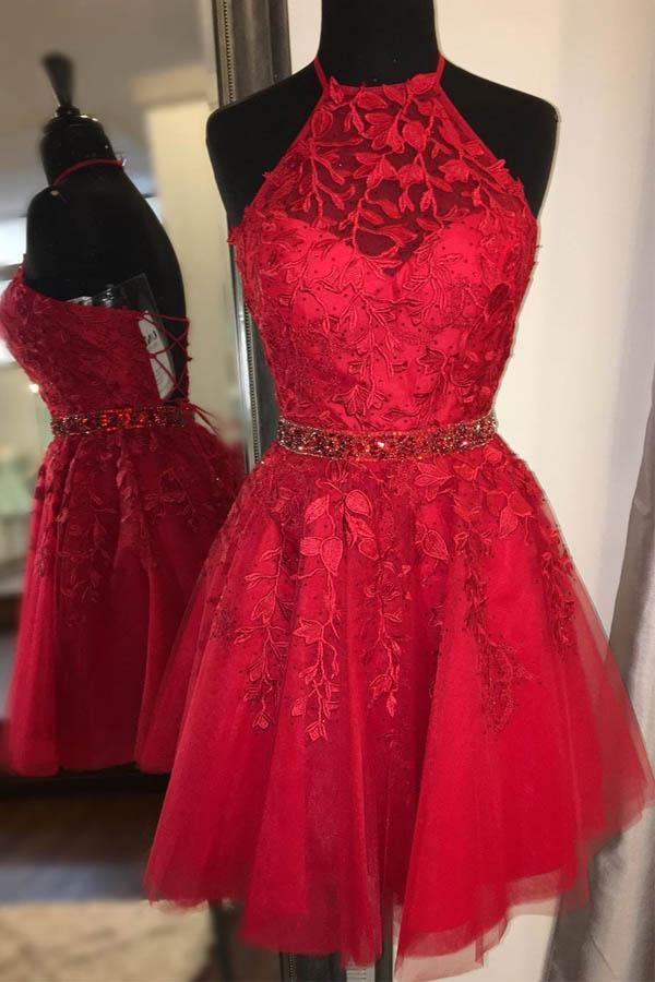 A-line Elegant Tulle Yellow High Neck Homecoming Dresses  HD0058