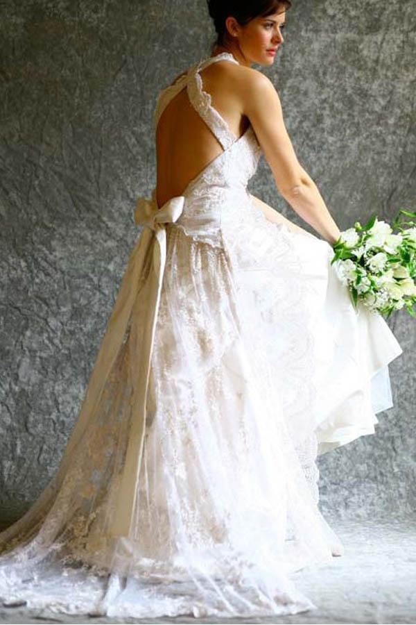 A-line Halter Neck Backless Bow Lace Wedding Dress with Court Train TN180