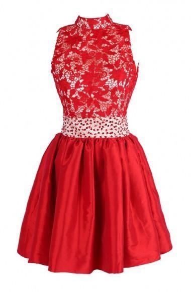 A-line High Neck Knee Length Satin Homecoming Dress With Lace  TR0153