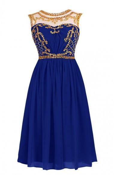 A-line Knee Length Chiffon Royal Blue Homecoming Dress With Beading TR0131