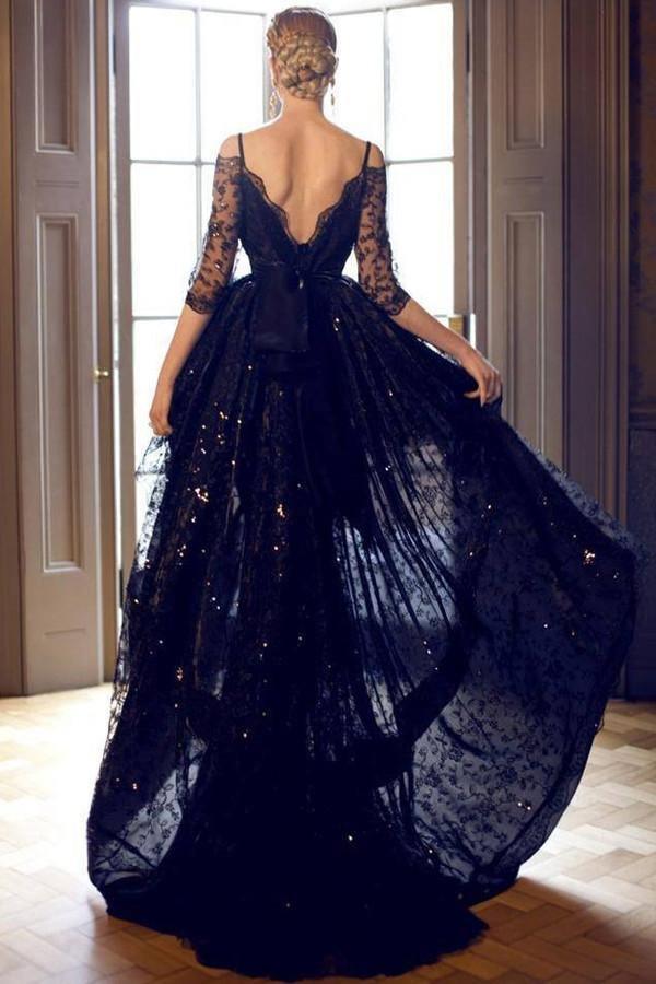 A-line Lace High-low Black Homecoming Dress With Half Sleeves TR0169