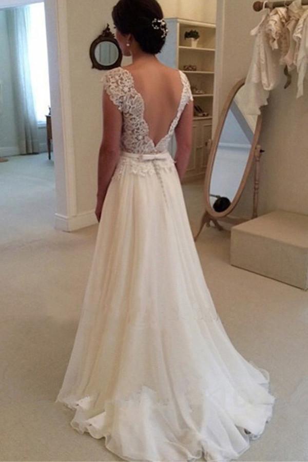 A-line Lace Top Backless Long Beach Wedding Dress Bridal Gowns WD021