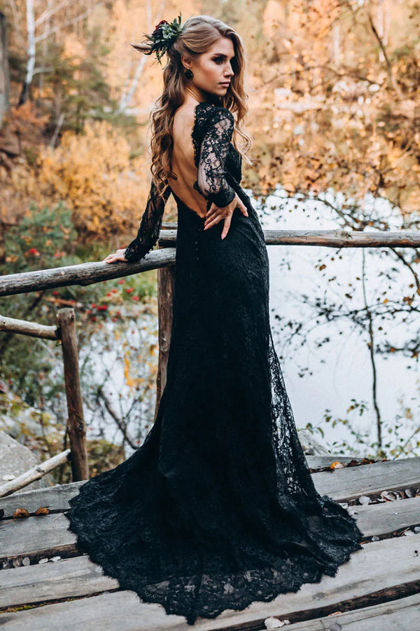 A line Black Sweetheart Long Sleeves Lace Beach Wedding Dresses TN383