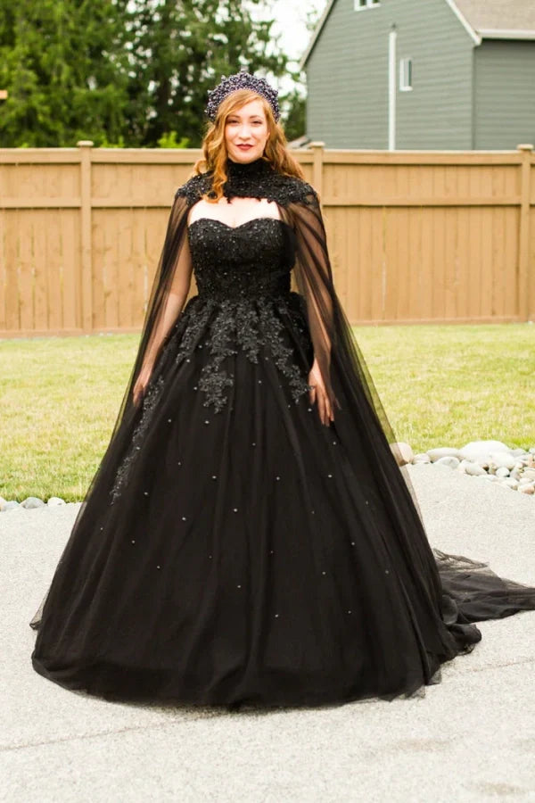 A Line Crystals Tulle Sweetheart Long Black Wedding Dress TD0005
