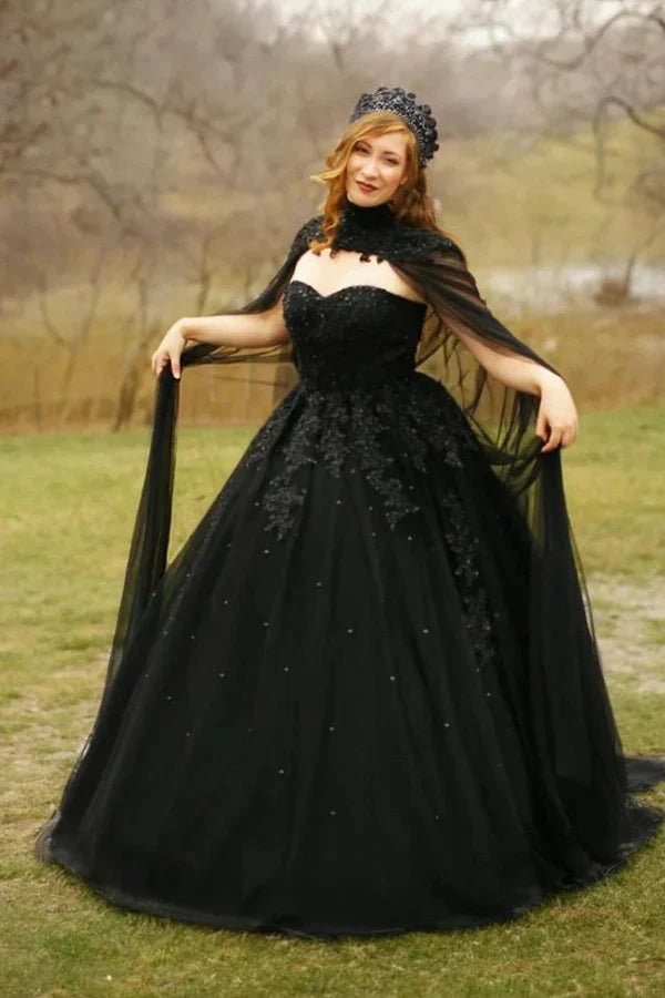 A Line Crystals Tulle Sweetheart Long Black Wedding Dress TD0005