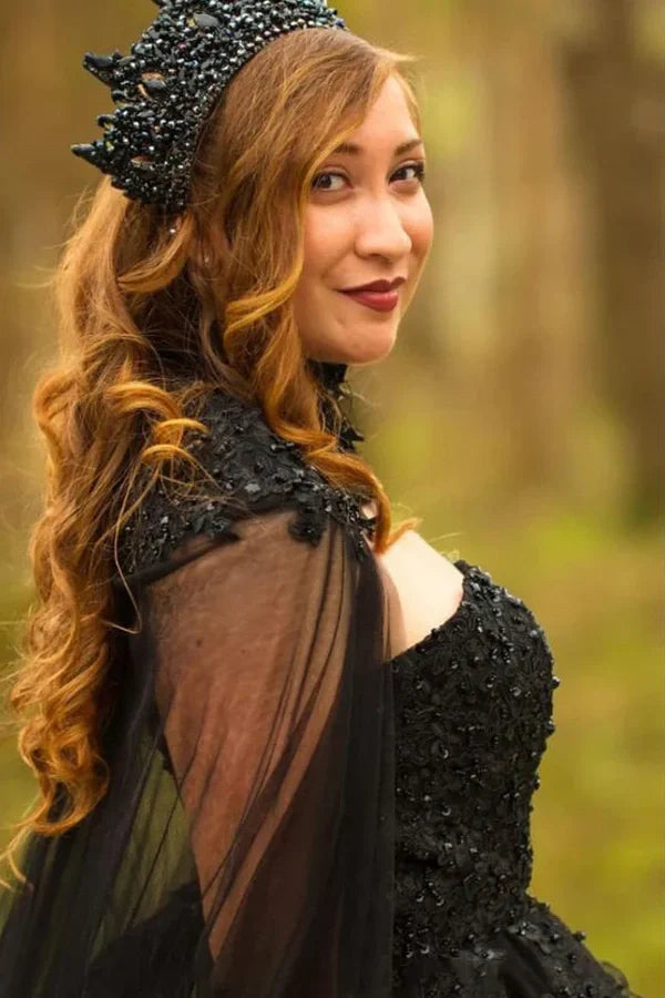 A Line Crystals Tulle Sweetheart Long Black Wedding Dress TD0005