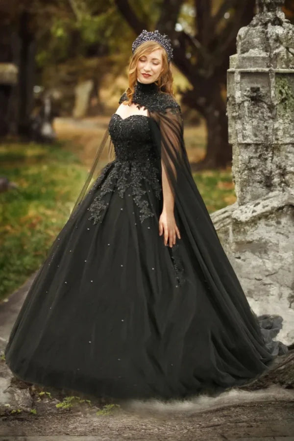 A Line Crystals Tulle Sweetheart Long Black Wedding Dress TD0005
