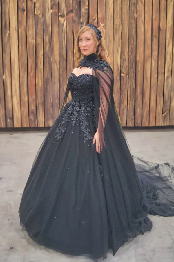 A Line Crystals Tulle Sweetheart Long Black Wedding Dress TD0005