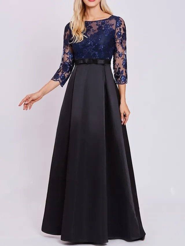 A-Line Mother of the Bride Dress Elegant Jewel Neck Floor Length Lace Satin 3/4 Length Sleeve with Sash / Ribbon Pleats Appliques - RongMoon
