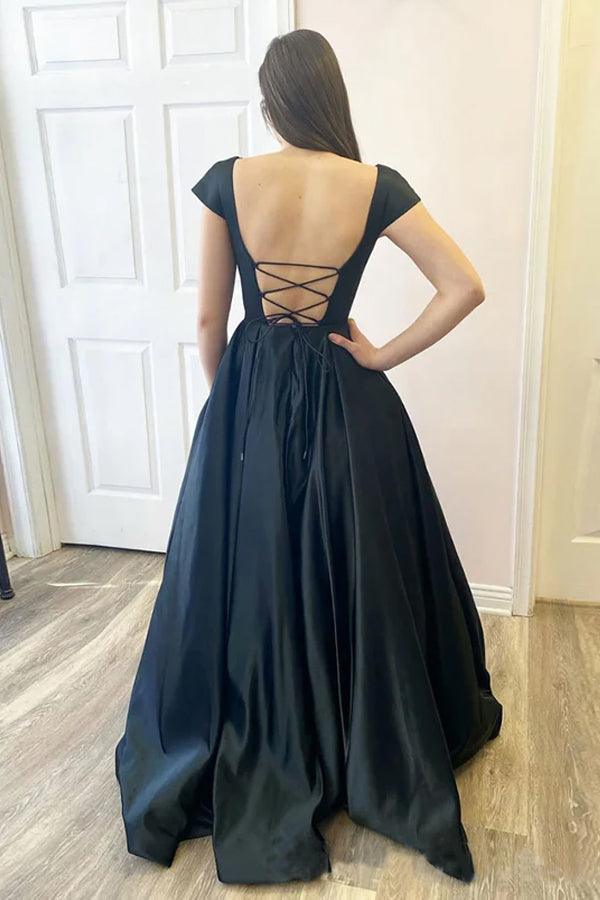A Line Black Satin Open Black Cap Sleeves Long Prom Dresses TP1174