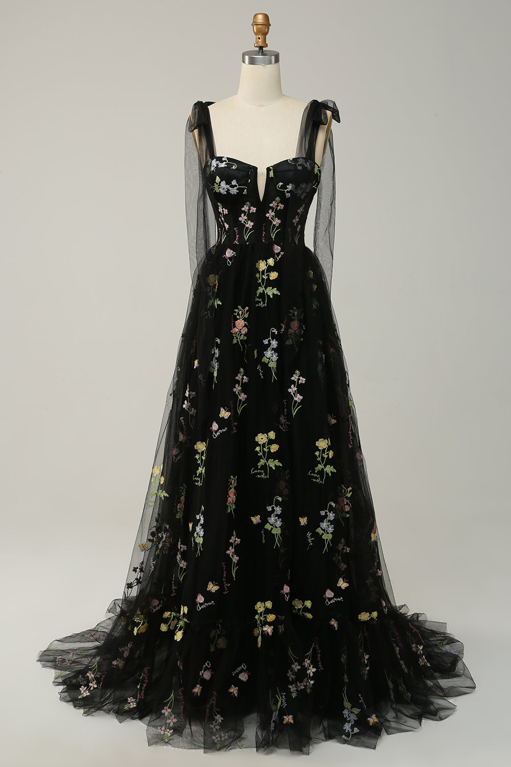 A Line Spaghetti Straps Corset Long Prom Dress With Embroidery Floor Length With Flowers