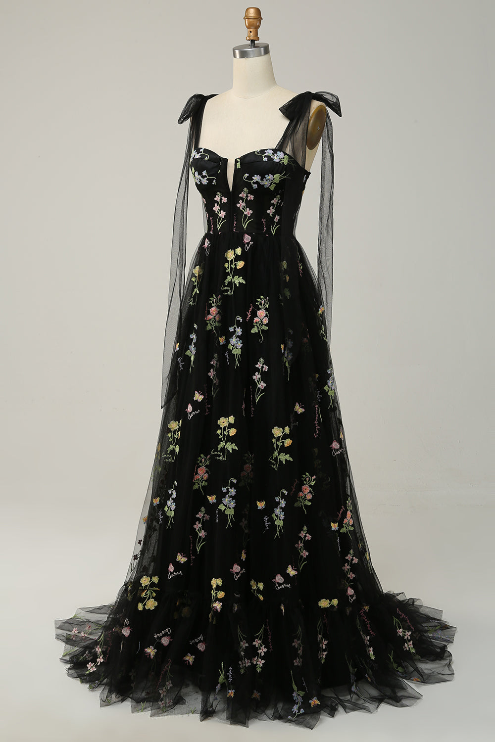 A Line Spaghetti Straps Corset Long Prom Dress With Embroidery Floor Length With Flowers
