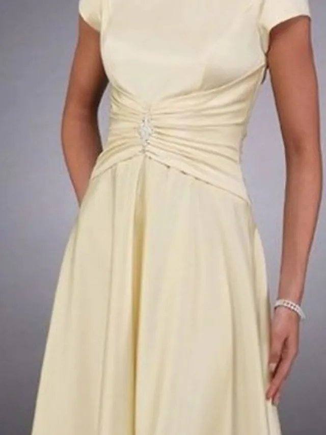 A-Line Mother of the Bride Dress Elegant Jewel Neck Ankle Length Satin Stretch Satin Short Sleeve with Pleats Crystals Draping - RongMoon