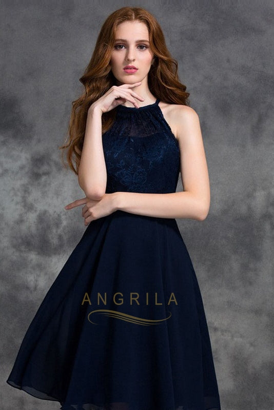A-line Halter Lace Top Chiffon Short Bridesmaid Dresses