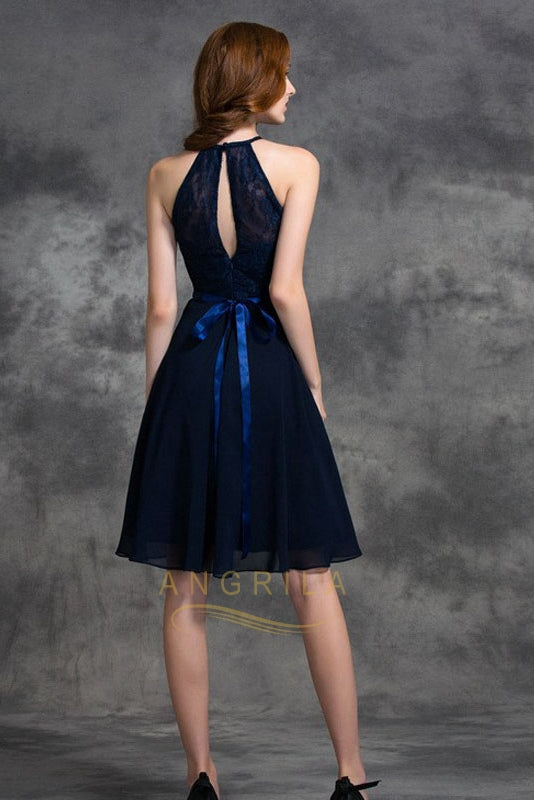 A-line Halter Lace Top Chiffon Short Bridesmaid Dresses