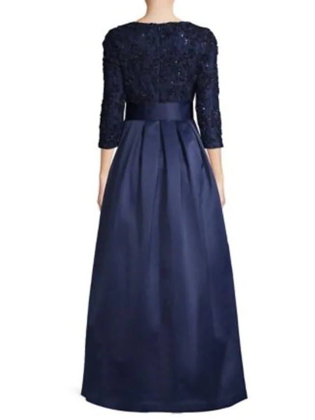 A-Line Mother of the Bride Dress Elegant Jewel Neck Floor Length Polyester 3/4 Length Sleeve with Ruching - RongMoon