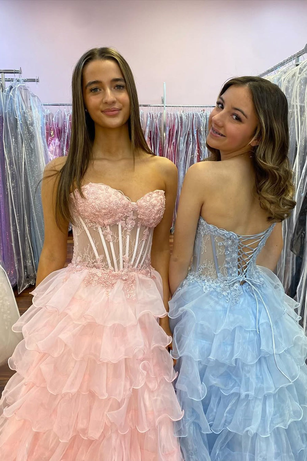 A Line Sweetheart Blush Pink Tiered Organza Prom Dresses