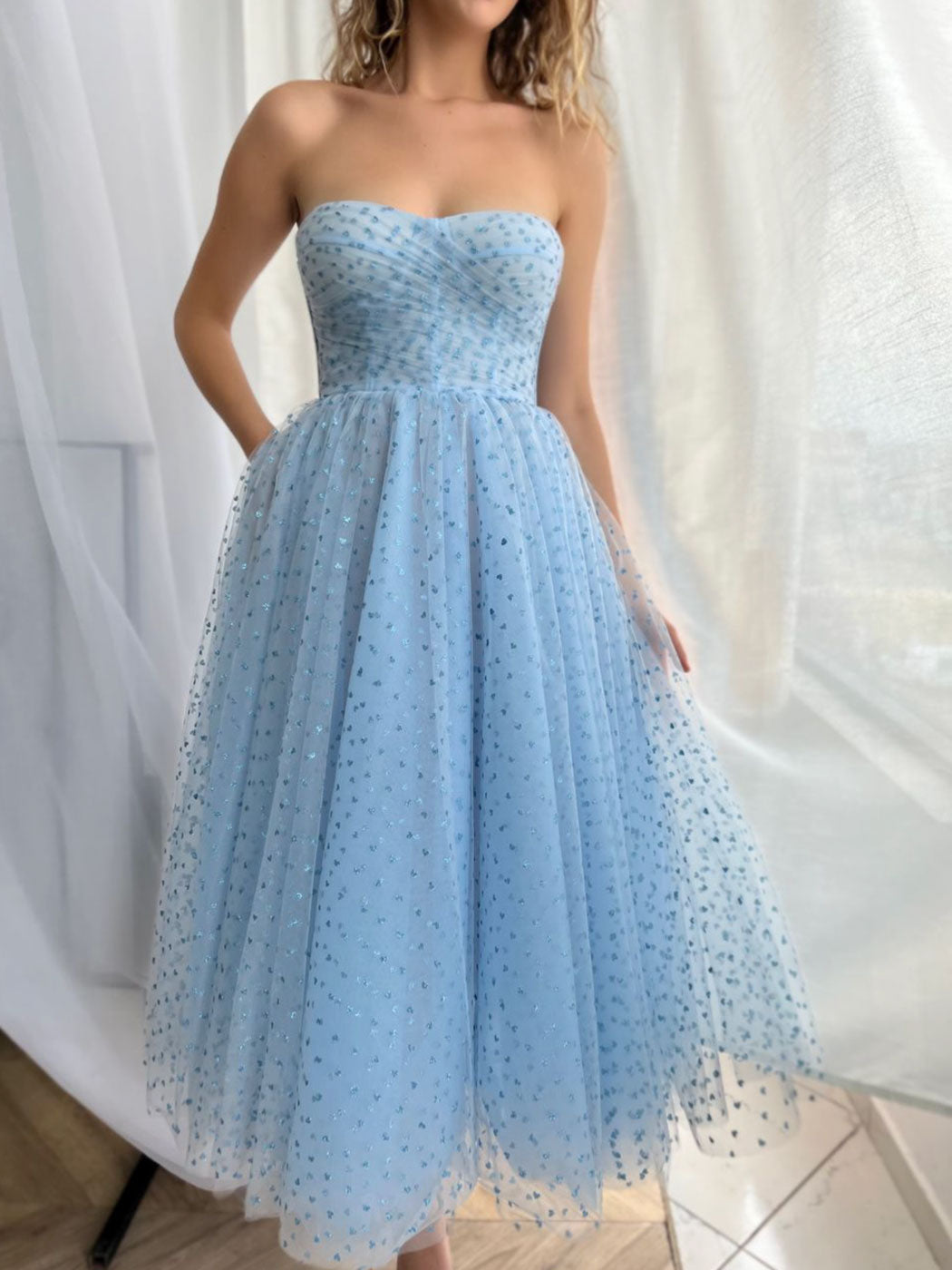 A line Blue Tulle Short Prom Dresses, Blue Formal Homecoming Dresses