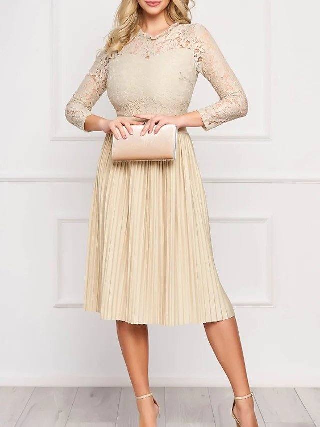 A-Line Mother of the Bride Dress Elegant Jewel Neck Knee Length Chiffon Lace 3/4 Length Sleeve with Pleats Embroidery - RongMoon