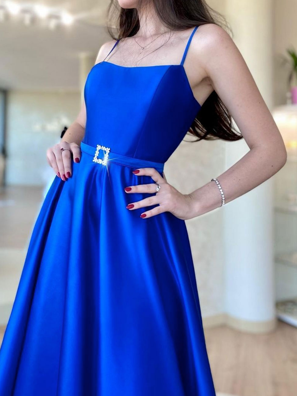 A Line Blue Satin Long Prom Dresses, Black Formal Dresses