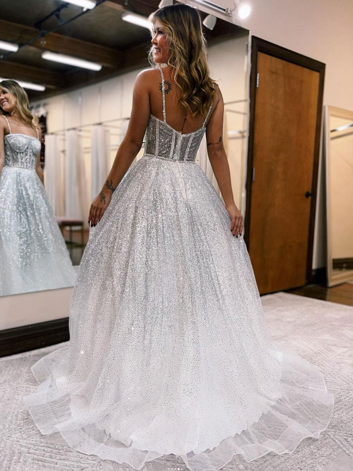 A-Line Gray White Sequin Long Prom Dress, Tulle Sequin Evening Dress