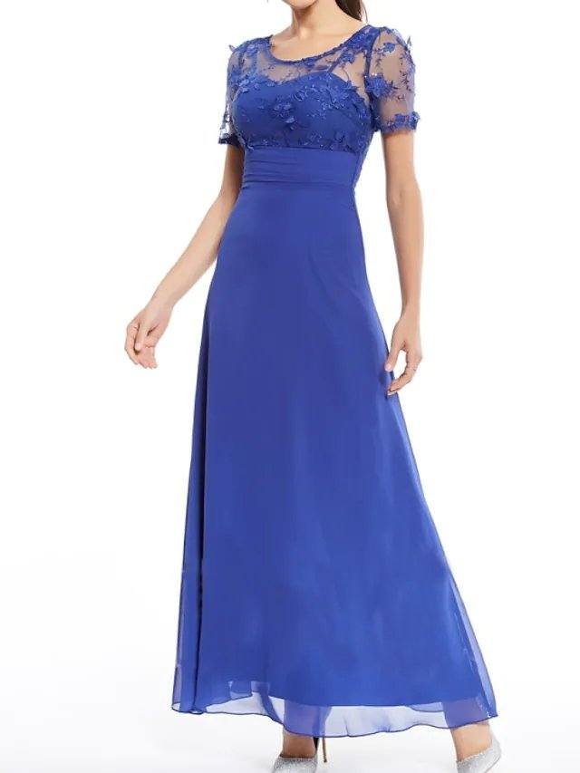 A-Line Mother of the Bride Dress Elegant Illusion Neck Jewel Neck Floor Length Chiffon Lace Short Sleeve with Appliques Ruching - RongMoon