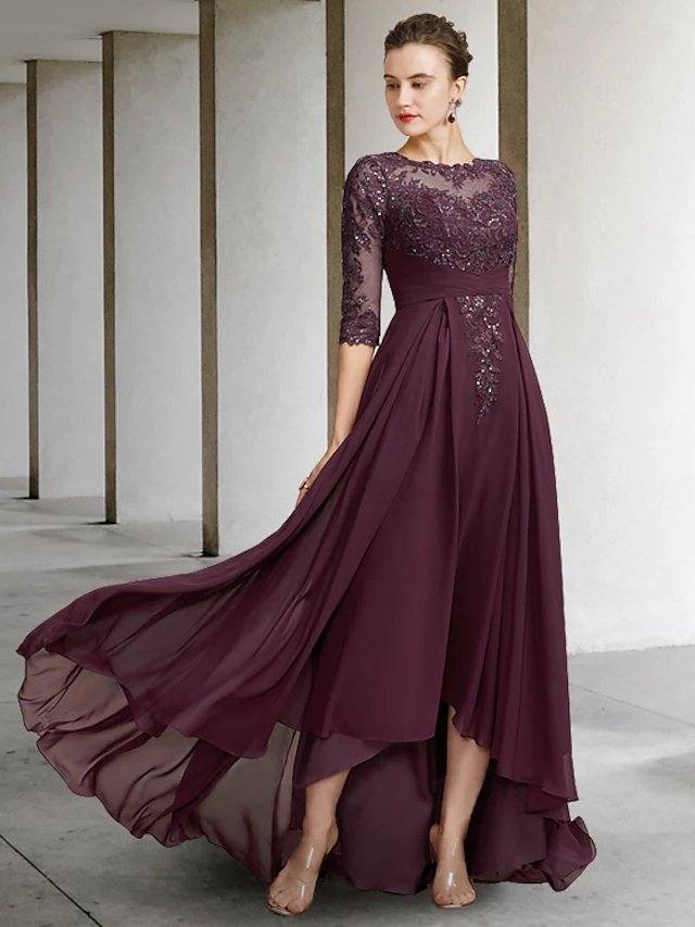 A-Line Mother of the Bride Dress Elegant Jewel Neck Asymmetrical Floor Length Chiffon Lace Half Sleeve with Pleats Appliques - RongMoon