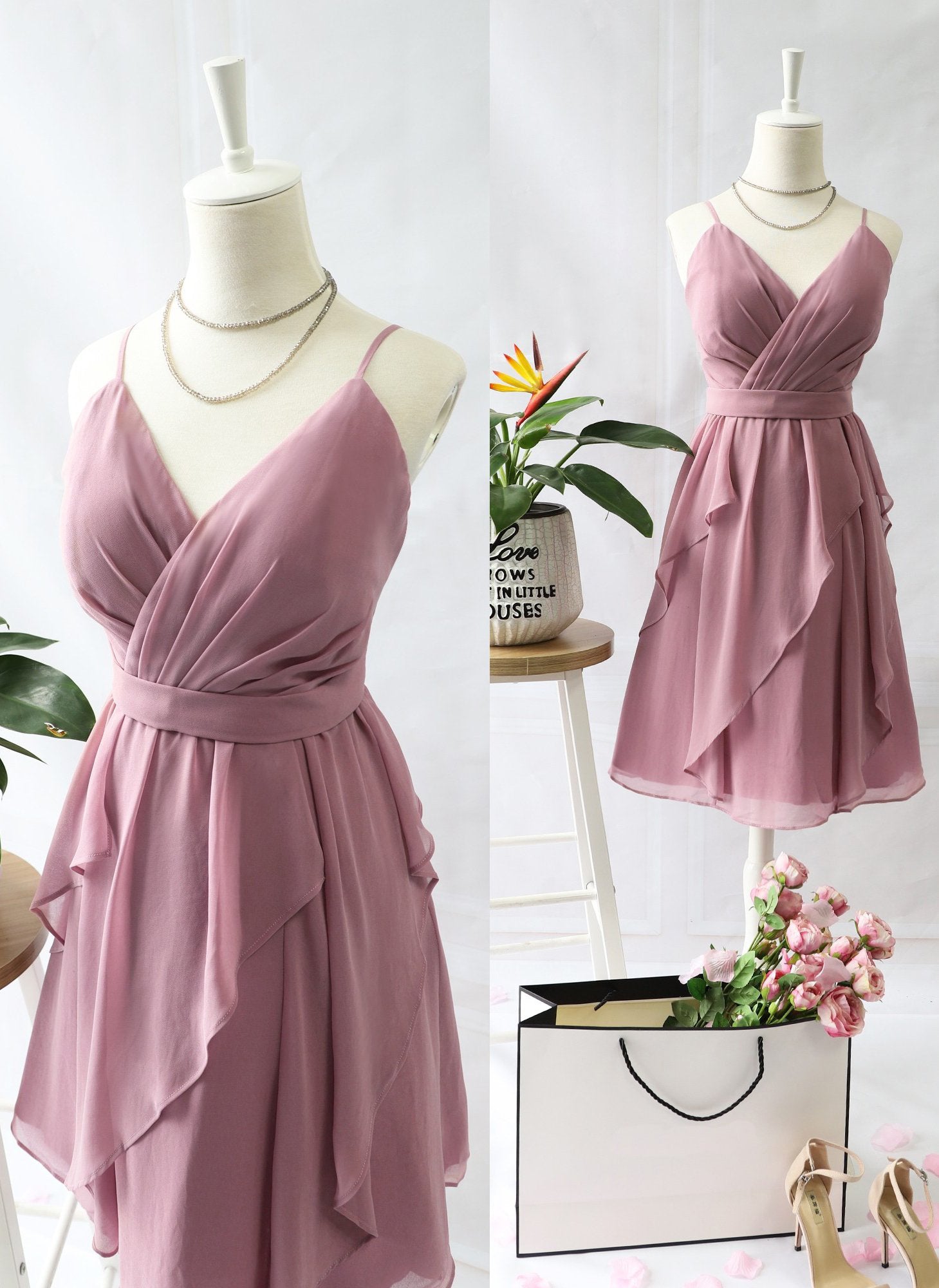 A Line Spaghetti Straps V neck Bridesmaid Dresses