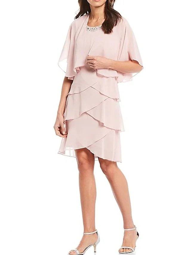 A-Line Mother of the Bride Dress Elegant Jewel Neck Knee Length Chiffon Half Sleeve with Cascading Ruffles - RongMoon