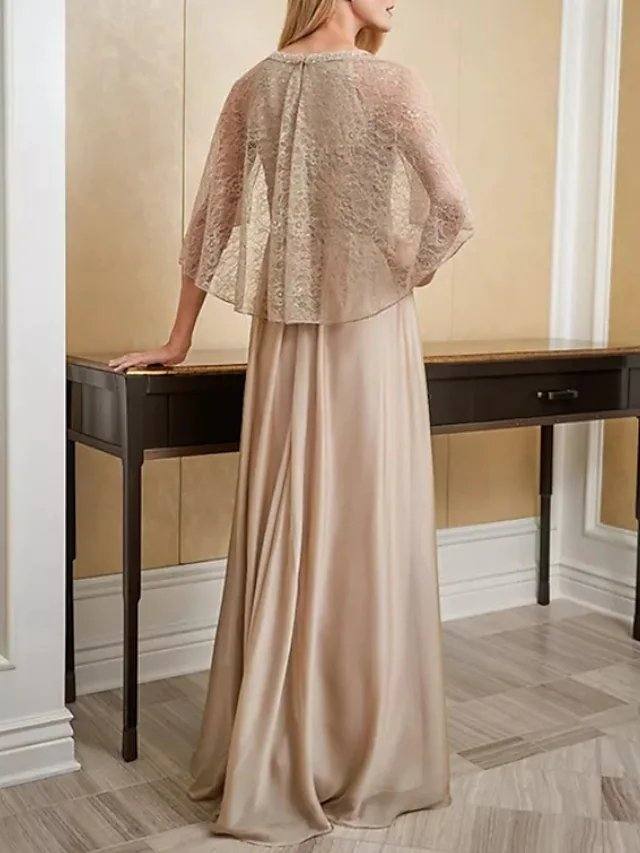 A-Line Mother of the Bride Dress Elegant Jewel Neck Floor Length Chiffon Lace 3/4 Length Sleeve with Beading - RongMoon
