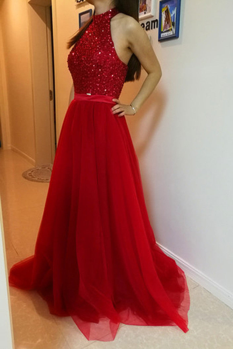 A-line Halter Sleeveless Sequins Long Tulle Formal Dresses
