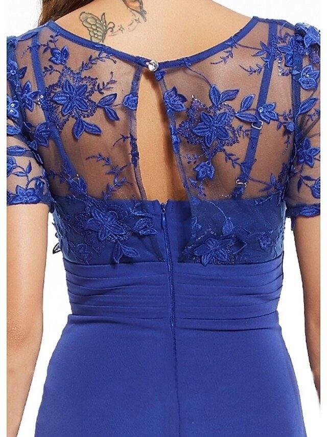 A-Line Mother of the Bride Dress Elegant Illusion Neck Jewel Neck Floor Length Chiffon Lace Short Sleeve with Appliques Ruching - RongMoon