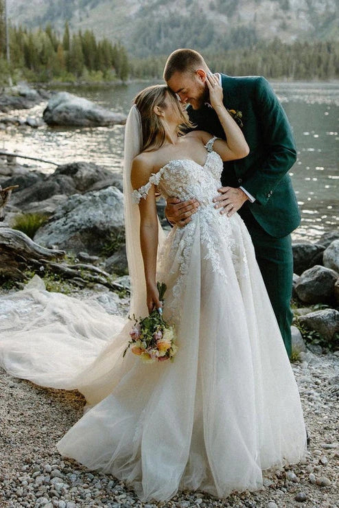 A Line Off the Shoulder Appliques Long Wedding Dresses Bridal Gown TN384