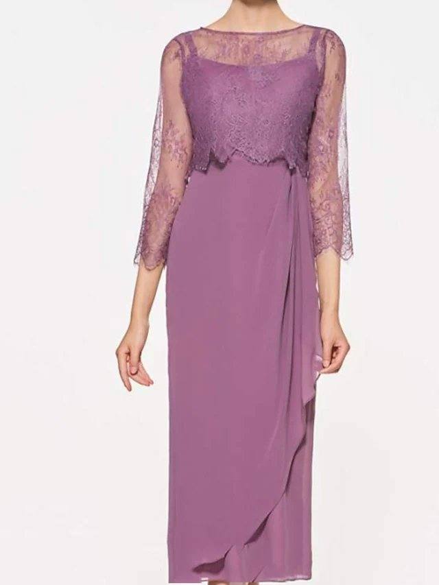 A-Line Mother of the Bride Dress Elegant Jewel Neck Ankle Length Chiffon Lace 3/4 Length Sleeve with Ruffles - RongMoon