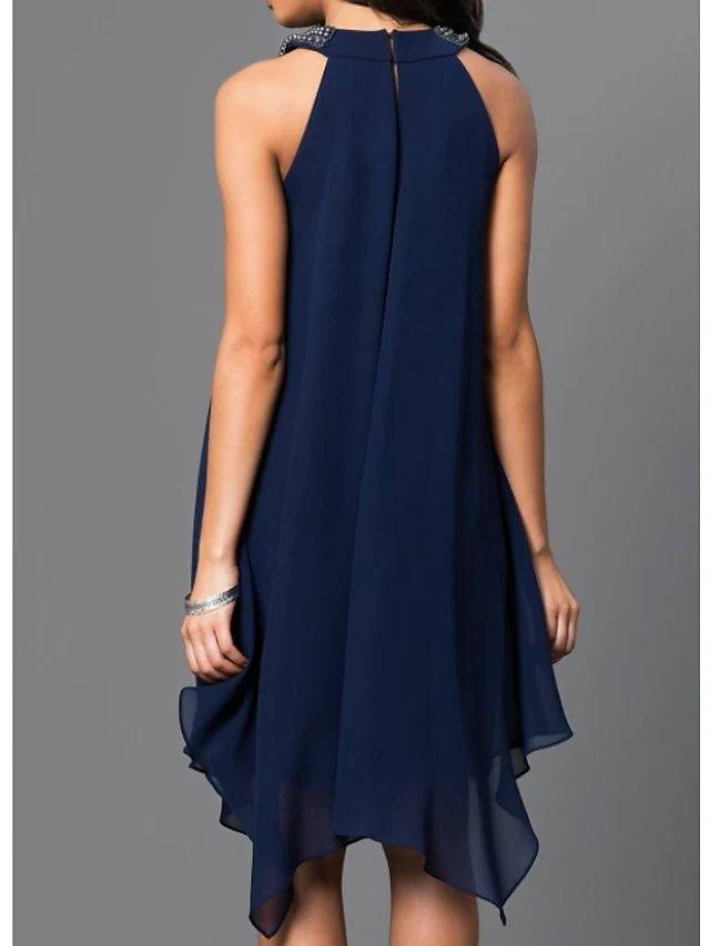 A-Line Mother of the Bride Dress Elegant Jewel Neck Knee Length Chiffon Short Sleeve with Ruching - RongMoon