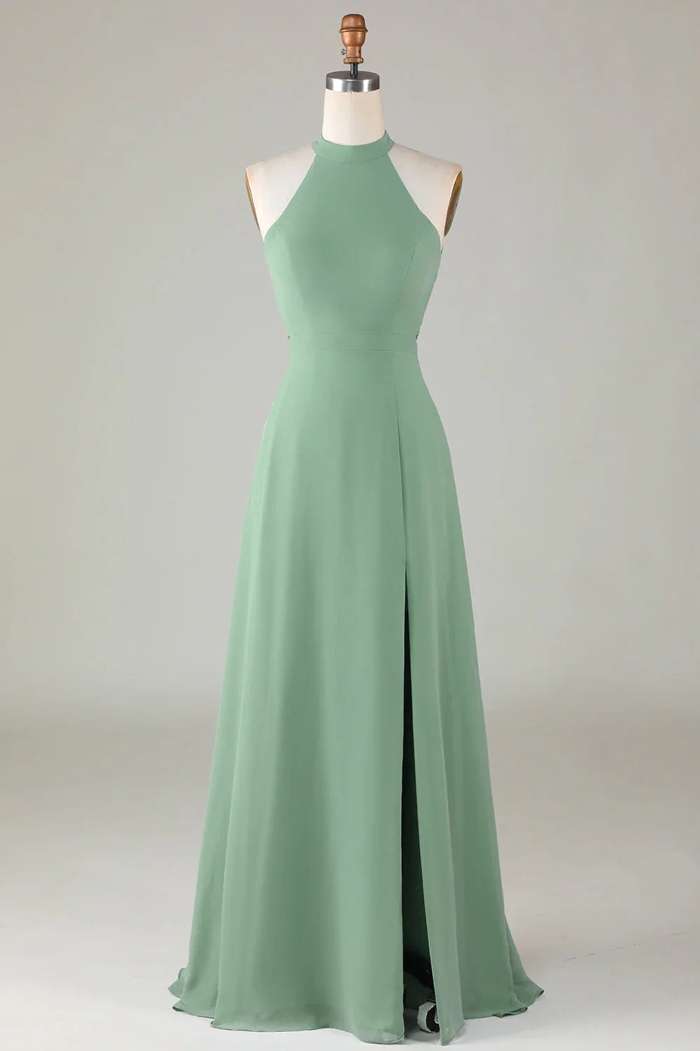 A-Line Halter Open Back Split Front Bridesmaid Dress