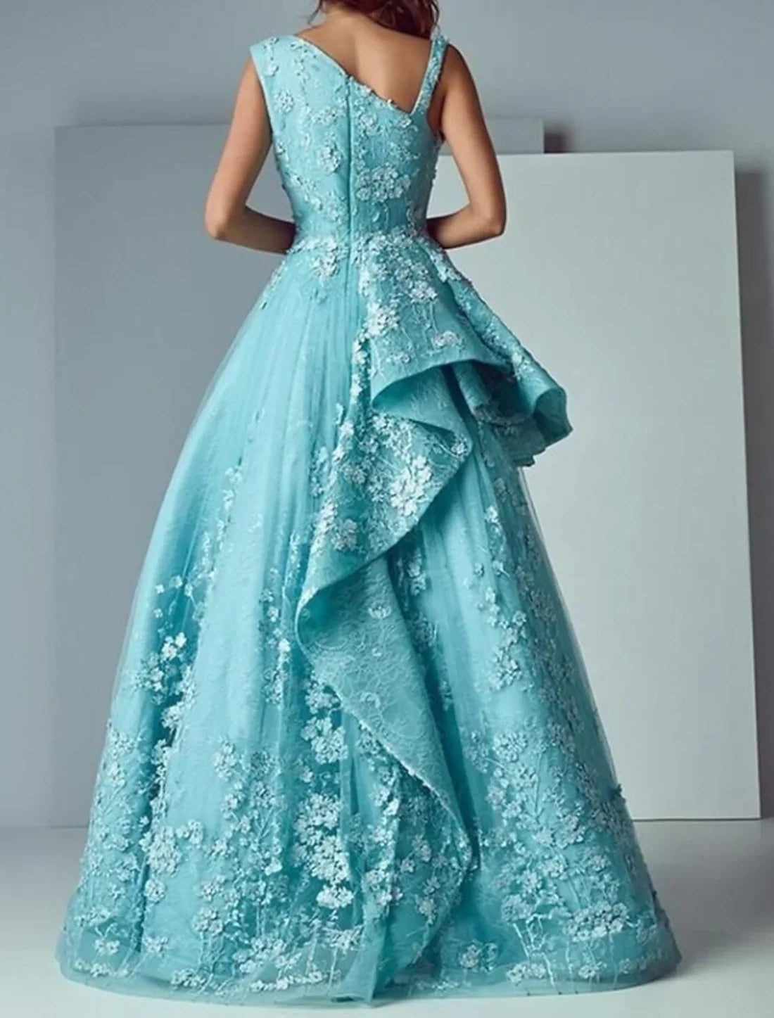 A-Line Floral Engagement Prom Dress V Neck Sleeveless Floor Length Polyester with Appliques Evening Dress