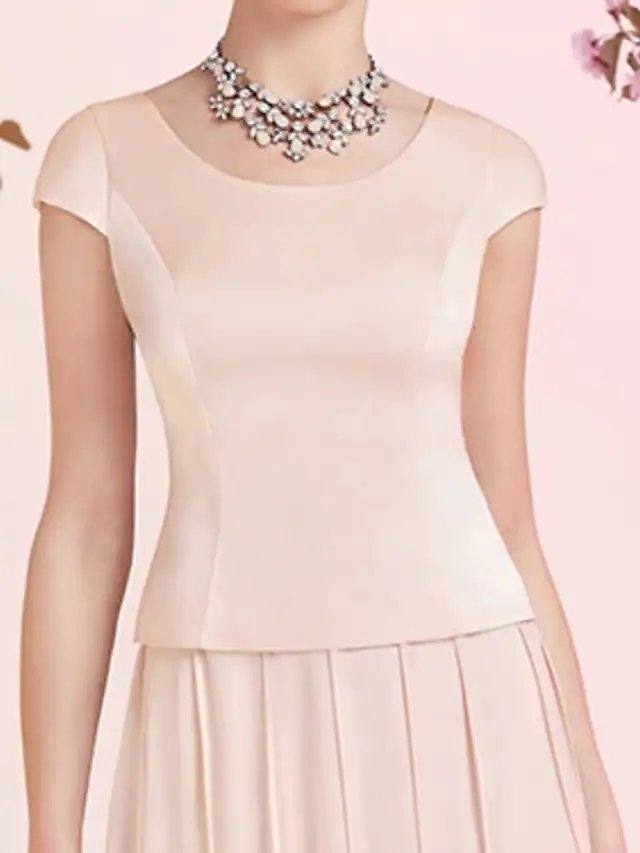 A-Line Mother of the Bride Dress Elegant Jewel Neck Knee Length Chiffon Satin Sleeveless with Pleats - RongMoon