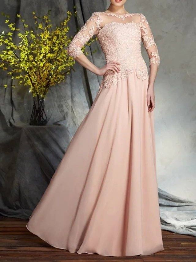 A-Line Mother of the Bride Dress Elegant Illusion Neck Floor Length Chiffon Lace 3/4 Length Sleeve with Pleats Appliques - RongMoon
